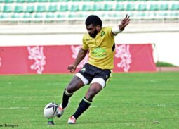 Kabras' Jone Kubu takes a kick in a past match . Photo Courtesy/Denis Acre-Half.