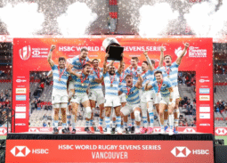 Argentina Celebrate after winning the Vancouver 7s title. Photo Courtesy/KLCEE for World Rugby.