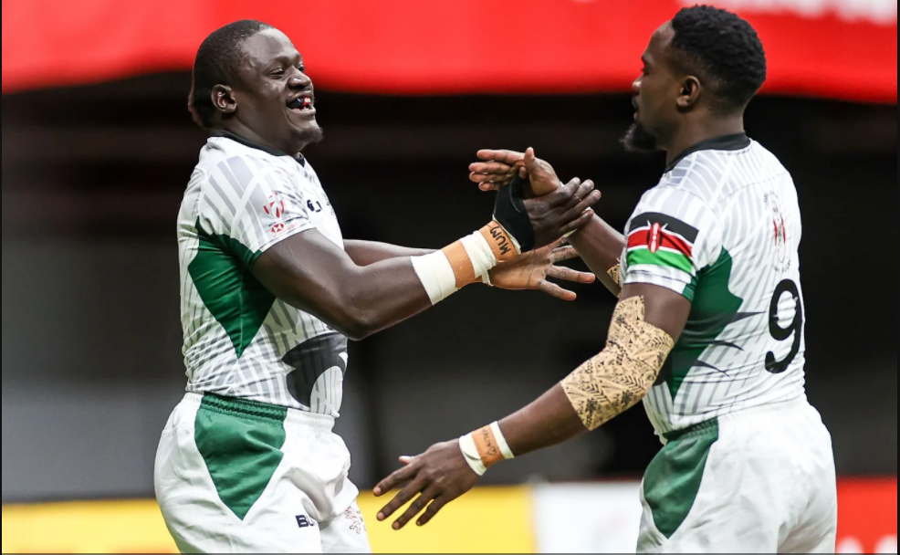 KENYA 7S STARS ALVIN OTIENO AND NELSON OYOO CELEBRATE (PHOTO: P YATES / WORLD RUGBY