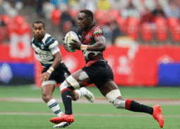 Kenya 7s Kevin Wekesa attacks against the Fiji defense on day one of the HSBC Canada Sevens at BC Place Stadium on 16 April, 2022 in Vancouver, Canada. Photo credit: Mike Lee - KLC fotos for World Rugby