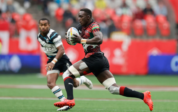 Kenya 7s Kevin Wekesa attacks against the Fiji defense on day one of the HSBC Canada Sevens at BC Place Stadium on 16 April, 2022 in Vancouver, Canada. Photo credit: Mike Lee - KLC fotos for World Rugby